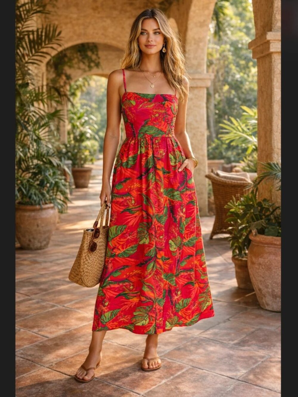 Rachel Zoe Red Tropical Floral Linen Leaf Maxi Dress